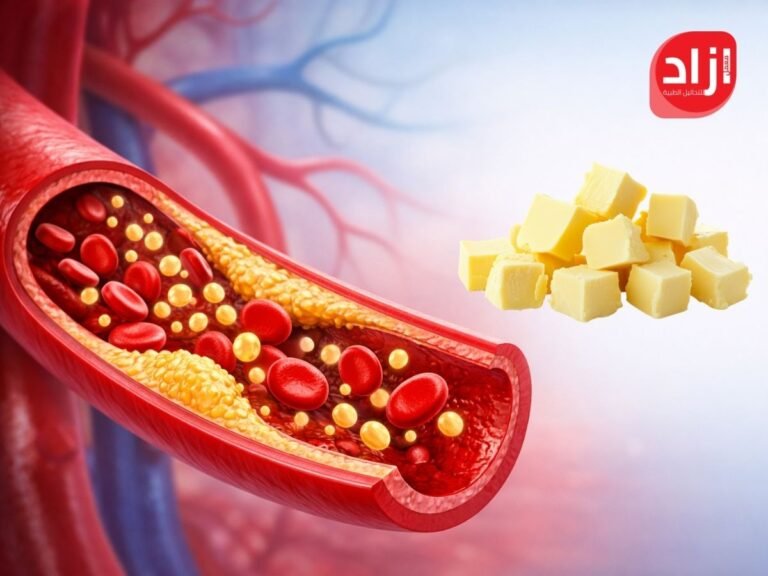 رسم طبي توضيحي ثلاثي الأبعاد يوضح شريانًا دمويًا يحتوي على ترسبات دهون ثلاثية داخل جدار الشريان، مع تدفق خلايا الدم الحمراء، في إشارة إلى تأثير ارتفاع الدهون الثلاثية على صحة الشرايين والقلب.