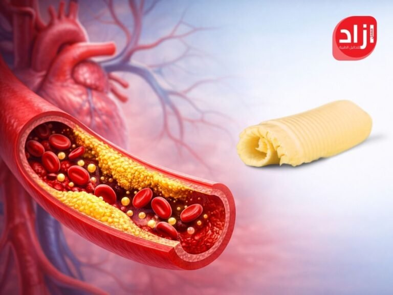 رسم طبي توضيحي ثلاثي الأبعاد يوضح شريانًا دمويًا مع ترسبات كوليسترول داخل جدار الشريان، وتأثيرها على تدفق الدم وصحة القلب والشرايين.
